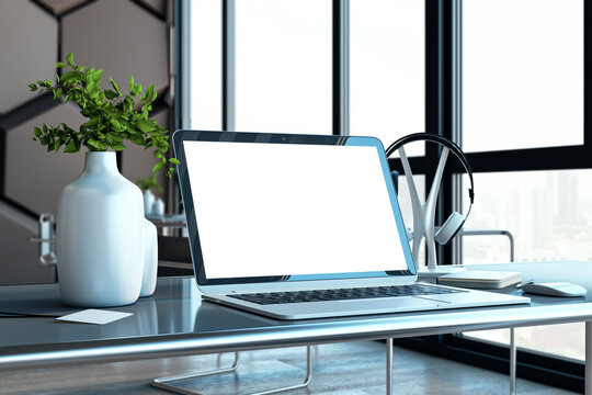 Modern creative designer desktop with laptop and white mock up place on screen, decorative vase and other items, window and city view. 3D Rendering.