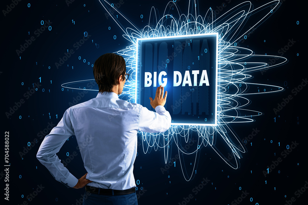 Poster person engaging with a big data digital interface, holographic technology visualization. cyber data 