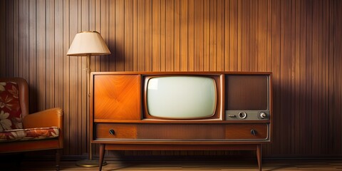 Old television on wooden cabinet beside cozy sofa in fashionable day room