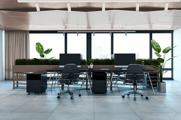 Contemporary concrete and wooden office interior with furniture and daylight, window and city view. 3D Rendering.