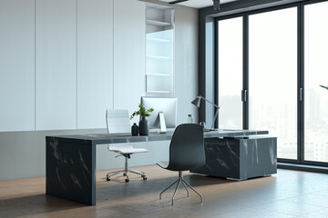 Contemporary bright concrete and wooden office interior with furniture and daylight, window and city view. 3D Rendering.