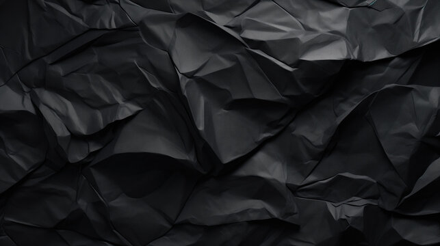 Black creased crumpled paper background grunge texture backdrop.