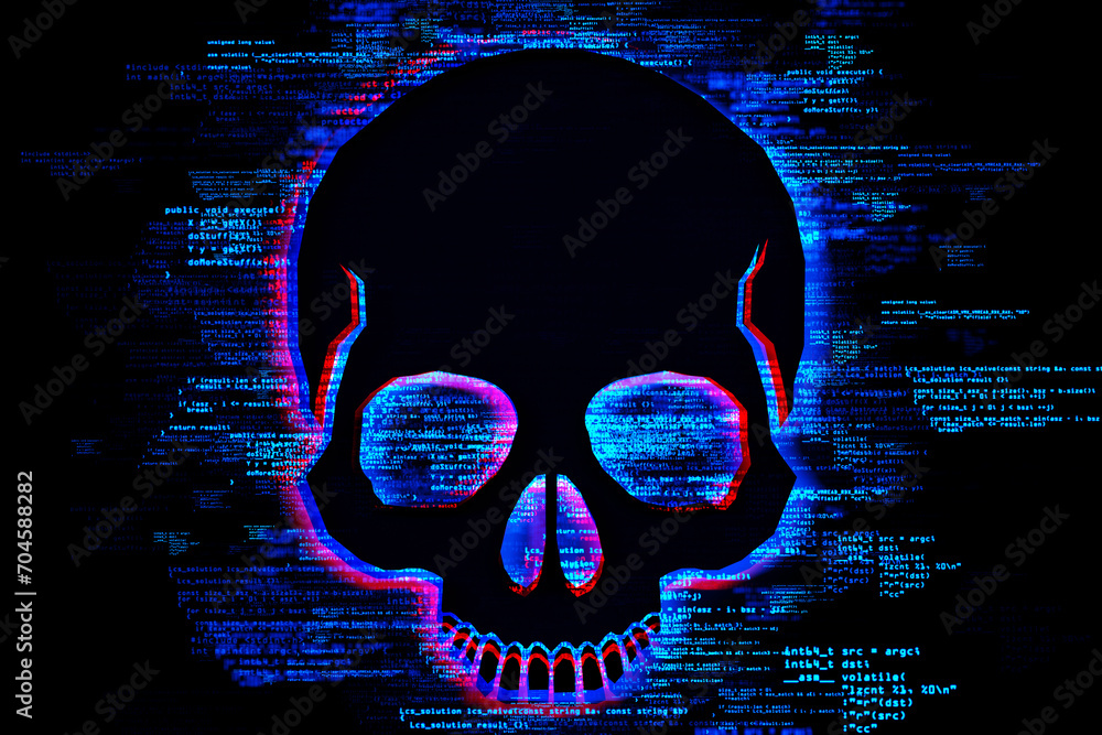 Aufkleber Neon lit digital skull superimposed on coding script background. Cyber intelligence concept. 3D Rendering