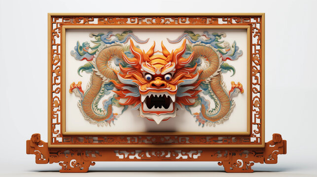 Chinese wood frame photo in Chinese style. Chinese dragon. Vertical boarder.