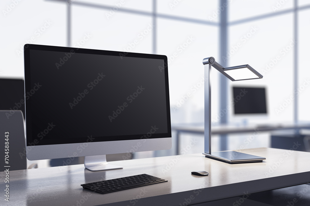 Poster Modern bright designer desktop with computer monitor, coffee cup, supplies, other objects and window with city view in the background. Mock up, 3D Rendering.