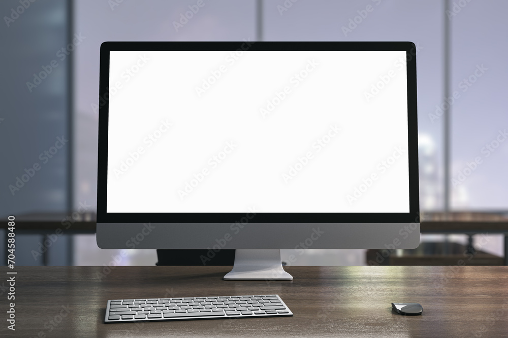 Poster contemporary designer desktop with white computer monitor, coffee cup, supplies, other objects and w