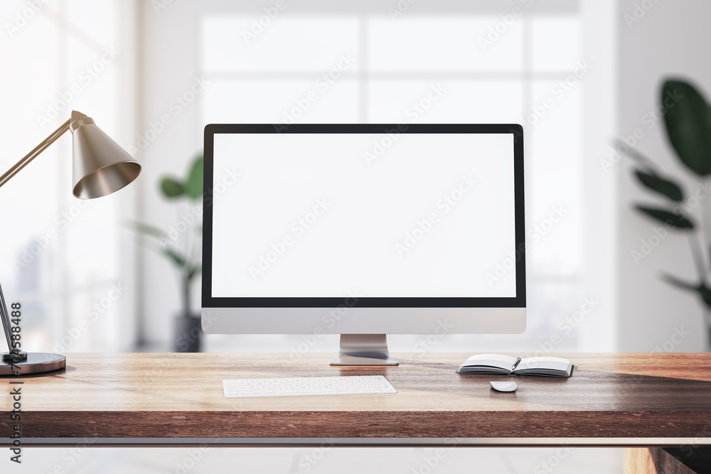 Aufkleber modern wooden designer desk with white computer monitor, coffee cup, supplies, other objects and win
