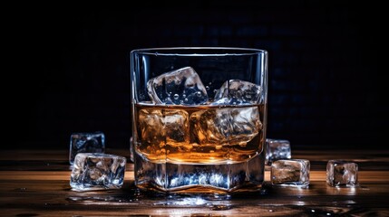 mixology with a focus on ice cubes in an empty glass on a wooden counter. Perfect for conveying the ambiance of upscale cocktail hours and evening indulgence