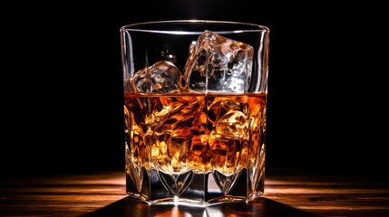 mixology with a focus on ice cubes in an empty glass on a wooden counter. Perfect for conveying the ambiance of upscale cocktail hours and evening indulgence
