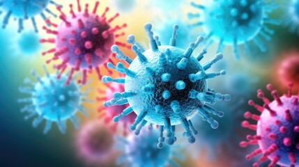 Closeup virus cells. Microbiology concept. Disease germ or pathogen organism. Background for medicine and science. Illustration for banner, poster, cover, brochure or presentation. - obrazy, fototapety, plakaty
