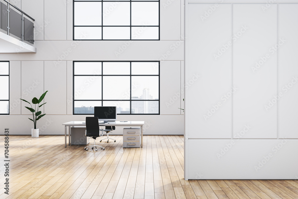 Aufkleber modern two floors wooden and concrete office interior with empty mock up place on wall, windows and 