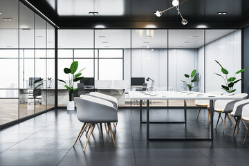Modern wooden, concrete and glass meeting room interior with furniture and partitions. Workplace concept. 3D Rendering.