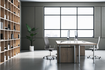 Modern wooden and concrete office interior with windows and city view. 3D Rendering.