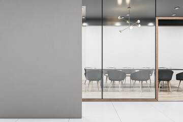 Modern wooden, concrete and glass meeting room interior with empty mock up place on wall, furniture and partitions. Workplace concept. 3D Rendering.