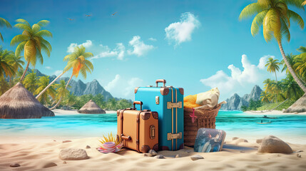 Tropical Beach Vacation Concept with Luggage on Pristine Sandy Shore - obrazy, fototapety, plakaty