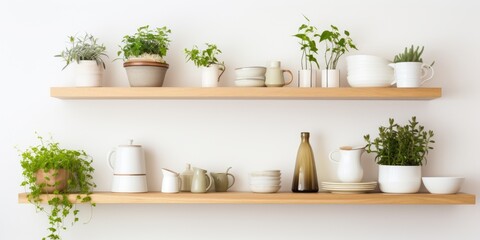 Fototapeta na wymiar Scandinavian-inspired interior design in apartment or home blog showcasing minimalist style with modern kitchenware, plants on wooden shelves, and light wall with open space.