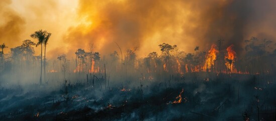Rainforest in Asia being deforested, with close-up of fire, smoke, and wildfire during drought. Air pollution caused by agricultural burning.