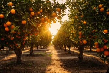 An orange grove brimming with ripe oranges on its lush trees, A panoramic view of an orange grove under a radiant sun, AI Generated