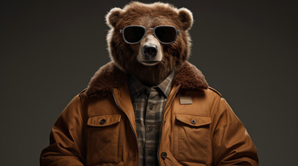 Grizzly with glasses. Close-up portrait of a grizzly. An anthopomorphic creature. A fictional character for advertising and marketing. Humorous character for graphic design. - obrazy, fototapety, plakaty