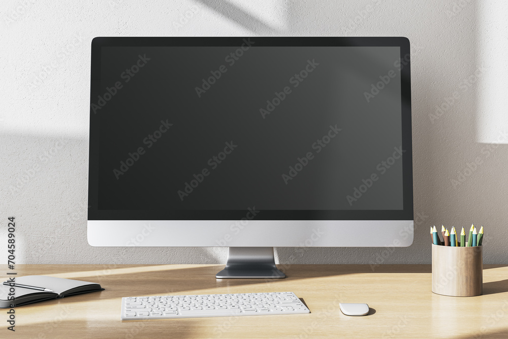 Poster Modern designer office desktop with empty mock up computer monitor, supplies and other items. 3D Rendering.
