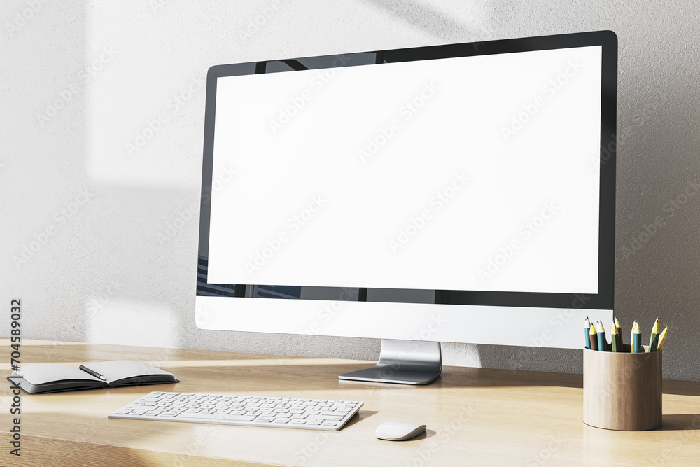 Poster contemporary designer office desktop with empty white mock up computer monitor, supplies and other i