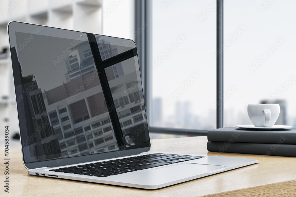 Poster Side view of modern designer office desktop with empty laptop and reflections on screen, coffee cup and window with city view in the background. 3D Rendering.