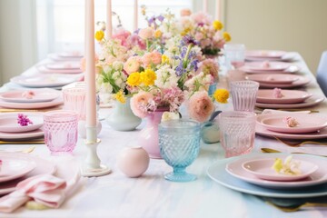 Obraz na płótnie Canvas A table set with an arrangement of pink and blue dishes and plates, A pastel themed Motherâ€™s Day brunch, AI Generated