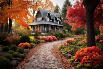 scene of a house nestled in vibrant foliage, surrounded by colorful trees creating a serene atmosphere, A pathway lined with fall colored trees leading to a charming cottage, AI Generated