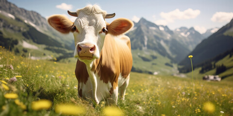 Curious cow in an alpine meadow, grazing amid stunning mountain scenery. - obrazy, fototapety, plakaty