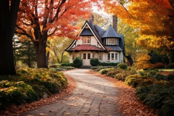 A picturesque house surrounded by vibrant trees and a carpet of fallen leaves during the fall season, A pathway lined with fall colored trees leading to a charming cottage, AI Generated