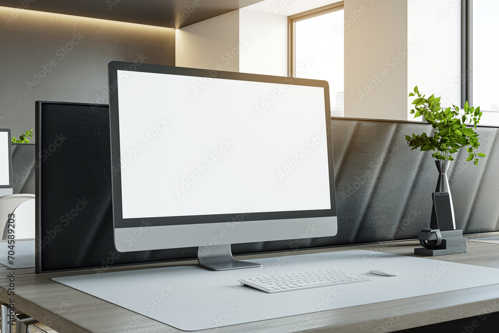 Poster Modern desktop computer setup with plants on office desk, elegant work environment. 3D Rendering