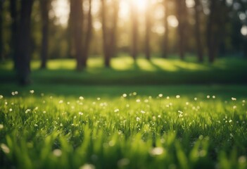 Beautiful blurred background image of spring nature with a neatly trimmed lawn surrounded by trees - 704589219