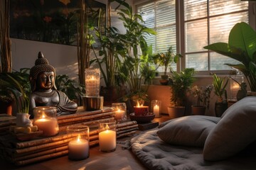 A serene room with a Buddha statue at its center, illuminated by the warm glow of surrounding...