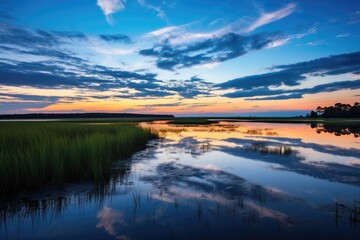 A picturesque lake with sparkling water nestled amidst a breathtaking natural backdrop, A peaceful marsh at dusk with reflections of the sky in still water, AI Generated