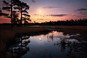 Obraz premium A serene view of the setting sun casting a warm glow over the peaceful scene of water and trees, A peaceful marsh at dusk with reflections of the sky in still water, AI Generated