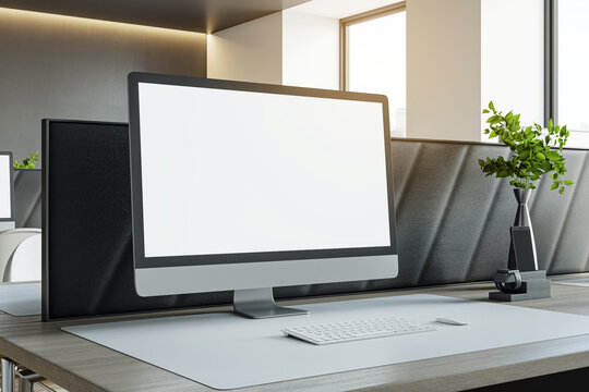 Modern desktop computer setup with plants on office desk, elegant work environment. 3D Rendering