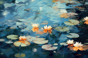 A peaceful and captivating painting capturing the beauty of water lilies floating in a serene pond, A peaceful scene of abstract lily pads floating on water, AI Generated - obrazy, fototapety, plakaty