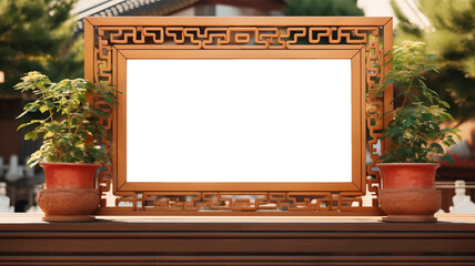 Chinese Mockup wood frame photo. Chinese dragon. Vertical boarder Mock-up. Empty board photo frame. Ai generated. Colorful PNG illustration