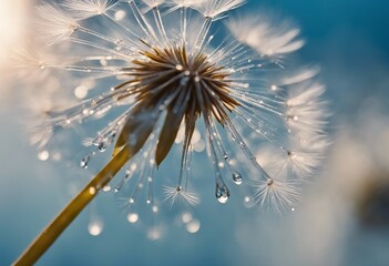 Beautiful dew drops on a dandelion seed macro Beautiful blue background Large golden dew drops on - obrazy, fototapety, plakaty