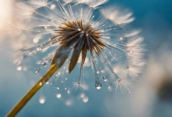 Rolgordijnen Beautiful dew drops on a dandelion seed macro Beautiful blue background Large golden dew drops on © ArtisticLens