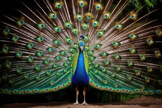 A stunning image of a peacock proudly displaying its vibrant fan of feathers, A peacock showing its beautiful plumage in a courtship dance, AI Generated