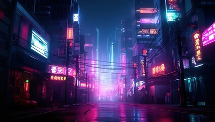 A deserted street in a cyberpunk city with neon lights and skyscrapers