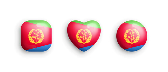 Eritrea Official National Flag 3D Vector Glossy Icons In Rounded Square, Heart And Circle Form Isolated On White Back. Eritrean Sign And Symbols Graphic Design Elements Volumetric Buttons Collection