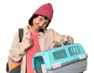 Young Hispanic woman ready for travel with pet carrier shouting and holding palm near opened mouth.