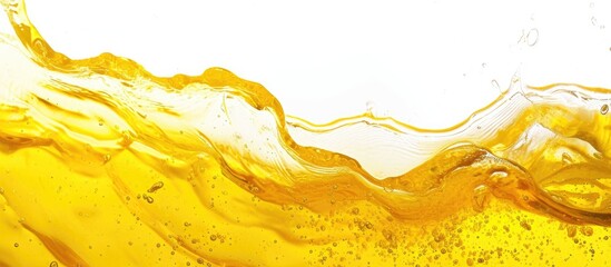 Various yellow liquids like oil, honey, beer, flow on white background, space for text.
