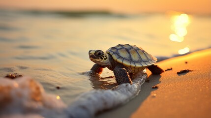 Close-up of a sea turtle crawling along the sand of the coast. Natural background. Modern screen...