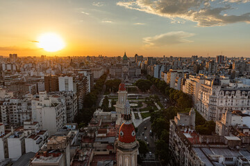 Panorama view on Buenos Aires during sunset showing the senate square with the congress hall,...