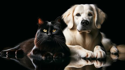 Elegant Black Cat with Yellow Eyes and Friendly Labrador Dog Posing Together.