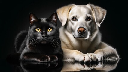Animal Friendship: Striking Close-Up of a Black Domestic Cat and a White and Beige Labrador Dog.