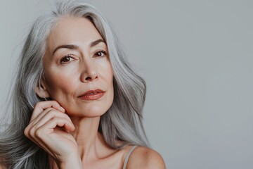 Beautiful senior older woman with pumped lips and long silver hair looking at camera